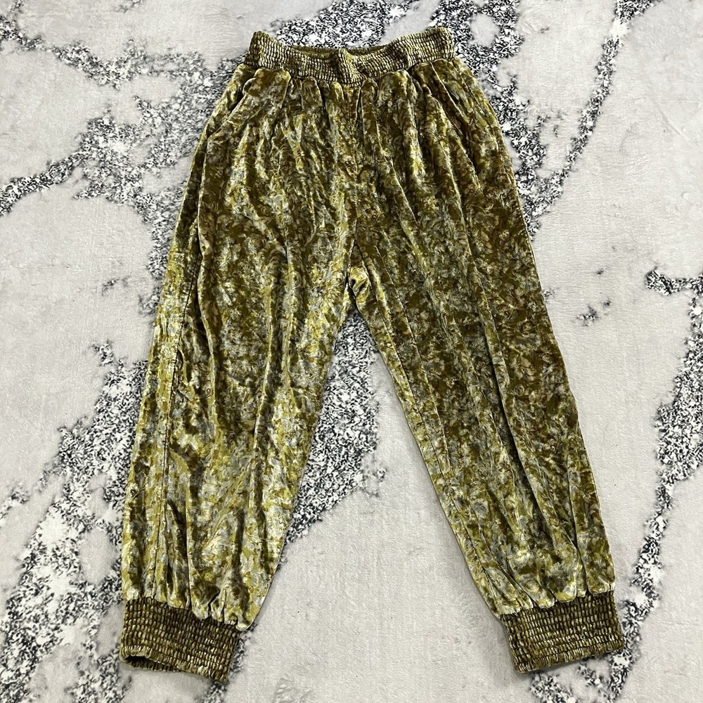 Anthropologie Velvet Floral Harem Jogger Pants Green Gold Boho Womens Size Large